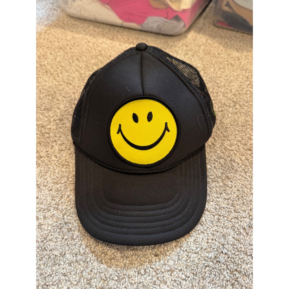 Aviator Nation Black Smiley Face Trucker Hat Mesh Snapback Cap Rainbow Logo
